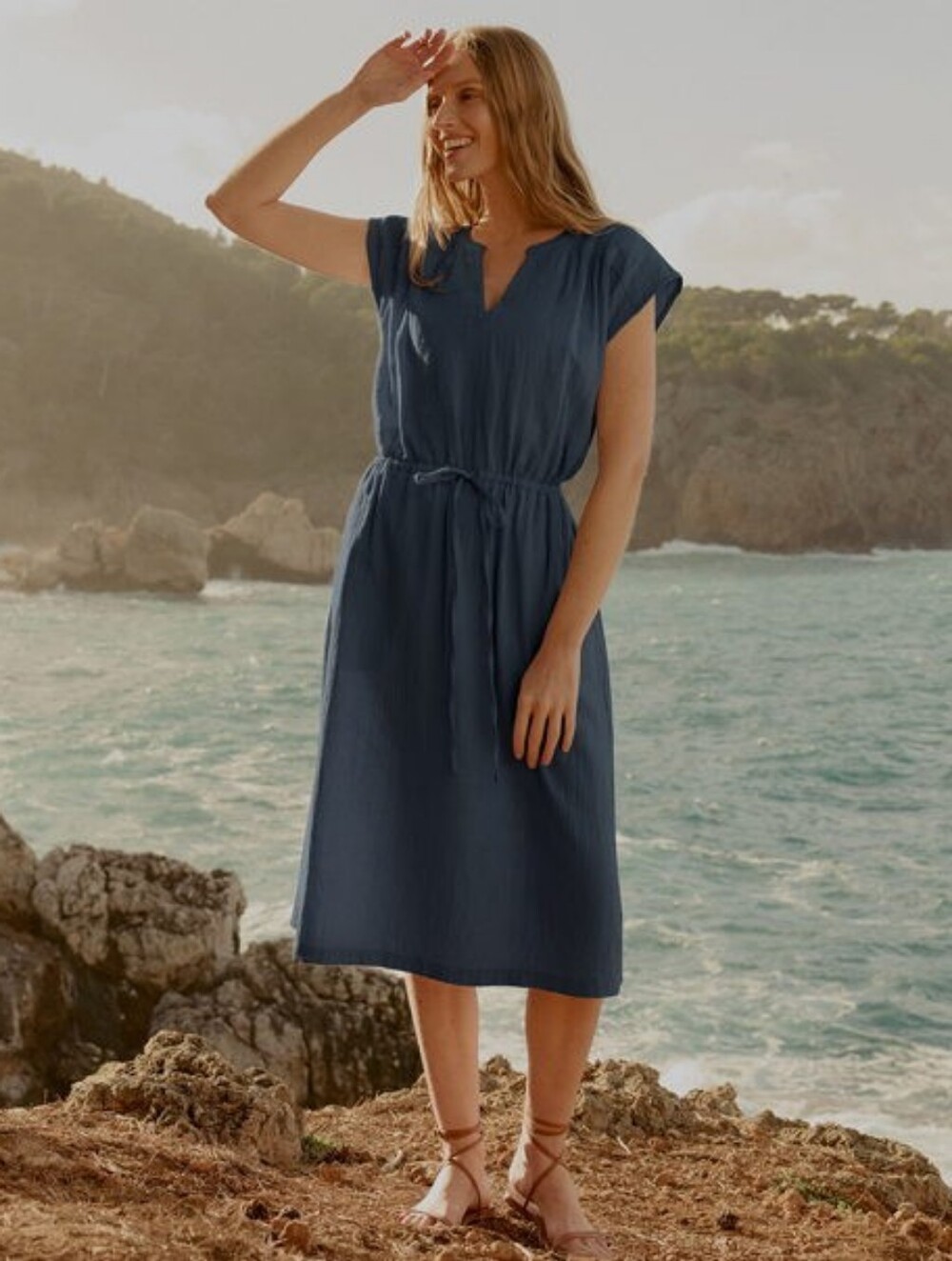 Pact Navy Blue Drawstring Waist Midi Dress